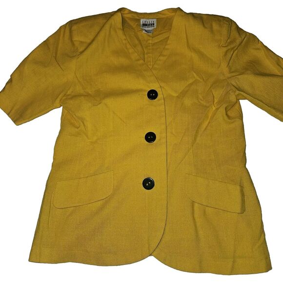 Vintage Short Sleeve Button Up Blazer Yellow Big Buttons Size 12 Petite Retro - Picture 2 of 10